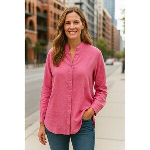 Essay 100% Linen Tunic Vintage-Inspired Pink Button-Up Shirt Oversized